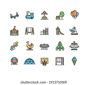 Kid Playground Sign Color Thin Line Icon Set Include Of Swing And Slide. Vector Illustration Of Icons