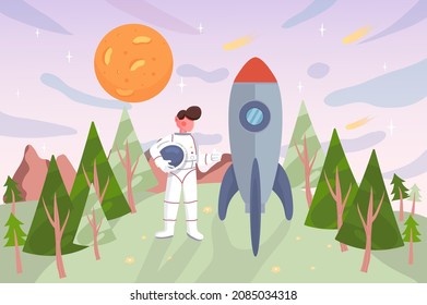 Kind, das Astronaut auf Waldhintergrund spielt. Junge im Raumschiff steht in der Nähe des Raumschiffs. Naturlandschaft mit grünen Bäumen, Bergen und Planeten und Sternen am Himmel. Vektorgrafik in flachem Cartodesign