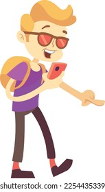 Kid playing augmented reality game on smartphone. Cartoon character