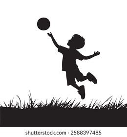 Kid playing with a ball on a grassy ground silhouette vector illustration