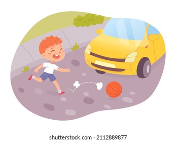 Kid playing with ball on road, accident scene with child pedestrian vector illustration. Cartoon cute boy moving in front of car to play and hit ball. Dangerous street crossing by children concept