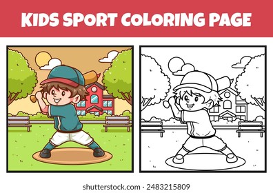 Niño jugando béisbol deporte para colorear Ilustración vectorial de página