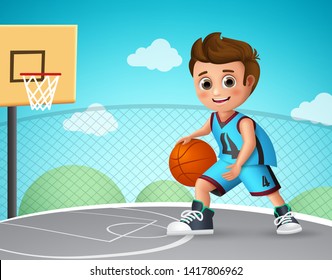 Kid Playing Basketball Vector Character. Young School Boy Wearing Basketball Uniform In Basketball Court While Doing His Dribbling Style. Vector Illustration.