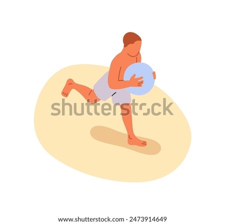 Kid playing with beach ball. Boy running on sand on summer holiday. Child during outdoor leisure activity. Active happy character barefoot. Flat vector illustration isolated on white background