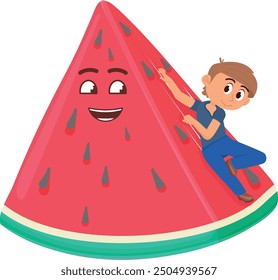 Kid playing with big watermelon slice cartoon characters