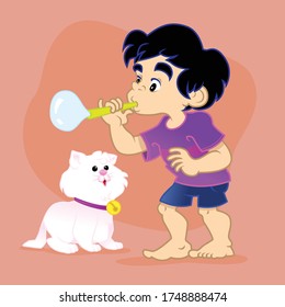 Kid playing bubble with his pet