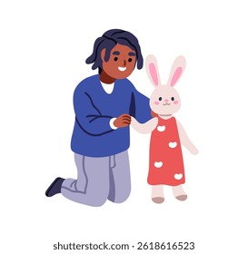 Kid playing with bunny puppet. Happy boy holding hare toy, marionette dummy on hand, arm. African child performing with cute rabbit doll. Flat vector illustration isolated on white background