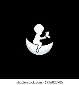 Kid Playing With Butterfly On The Crescent Moon Silhouette Logo, 
Vector, Template, Clipart