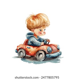 kid playing car toy vector illustration in watercolor style