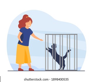 Kid playing with cat in cage. Child visiting shop or shelter and choosing pet. Flat vector illustration. Domestic animal adoption concept for banner, website design or landing web page