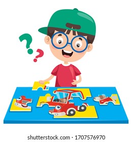 Kid Playing Colorful Jigsaw Puzzle