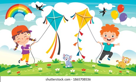 Kid Playing With A Colorful Kite svg