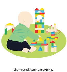 Kid playing colorful wooden blocks vector