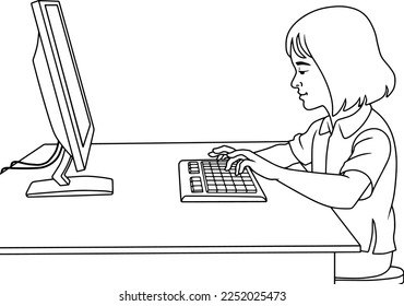 kid playing computer line vector illustration isolated on white background