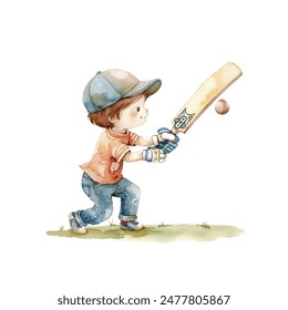 kid playing cricket vector illustration in watercolor style