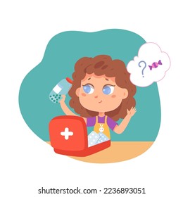 Kid playing with drugs and pills vector illustration. Cartoon baby girl opening red first aid box with cross, child holding bottle of medicine in hands and thinking about candy in bubble to eat