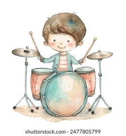 kid playing drum vector illustration in watercolor style
