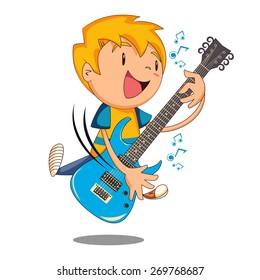 Kid Playing Electric Guitar, Vector Illustration