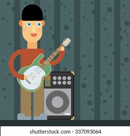 Kid playing electric guitar, vector illustration