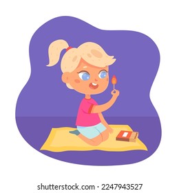 Kid playing with fire vector illustration. Cartoon careless baby girl sitting alone on home floor and holding burning match stick to play, fire hazard in house, danger and risk of burns for children