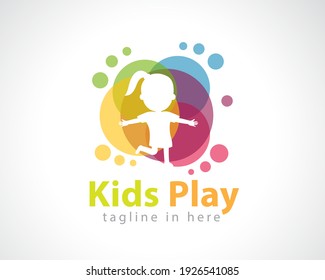 Kid playing, full color happy logo symbol design illustration inspiration