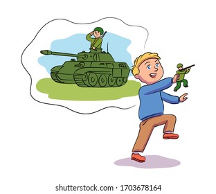 Kid playing games and dreaming vector character.  Little boy with toy soldier imagines himself tankman. Profession for child, childish activities, creative, imagination and childhood concept