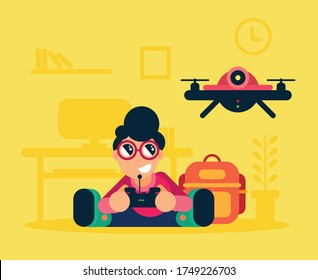niños jugando y volando un dron en casa en la pandemia, el vector de la epidemia de coronavirus, escolares, niños, niñas jugando y quedándose en casa durante el vector de ilustración de caricatura de corona