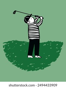 Kid Playing Golf Golfing Swing Sport Cute Drawing Doodle Vector Illustration