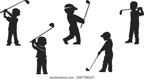 A kid playing golf silhouettes. Golf player silhouettes. Golfer silhouettes. Vector illustration