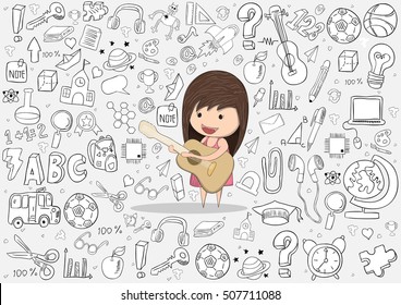 Kid playing guitar against pupils back of school background, drawing by hand vector
