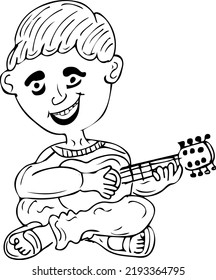 Kid Playing Guitar Doodle, Young Boy With Guitar In Hand In Sitting Pose Cartoon Drawing, Kids Playing Musical Instrument Line Art Vector Illustration, Young Boy Playing Guitar Clipart Silhouette