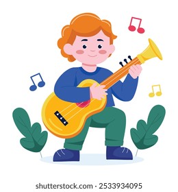 Ein Kind, das Gitarre spielt, eine flache Illustration 
