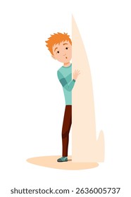 Kid playing hide and seek. Playing game outdoor in summer vacations. Boy having fun outdoors, summer playtime. Vector cartoon illustration