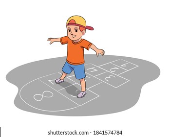 Kid playing hopscotch game outside. Happy boy hopping at playground. Fun active outdoor activity vector illustration. Numbers in chalk on pavement.