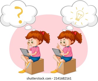 A kid playing iPad with speech bubble  illustration