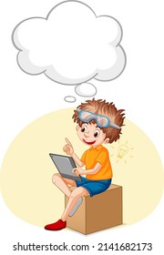 A kid playing iPad with speech bubble  illustration