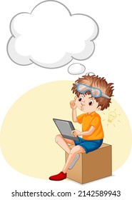 A kid playing iPad with speech bubble  illustration