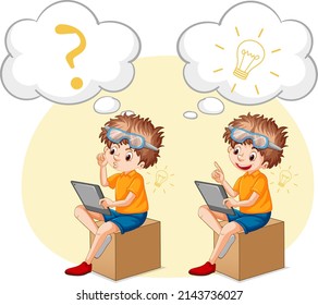 A kid playing iPad with speech bubble  illustration