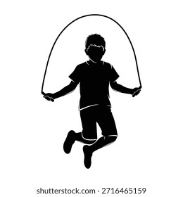 Kid playing with jumping rope. Energetic child skipping outdoors. Young boy exercising and having fun with skipping rope.