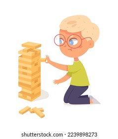 Kid playing logic game vector illustration. Cartoon isolated cute smart boy in glasses building tower puzzle with wood blocks, child pushing wooden toy brick with hand to construct structure.