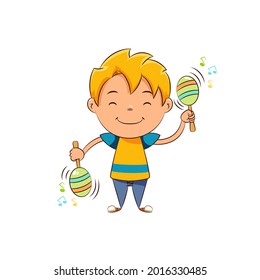 Kid playing maracas, happy cute child