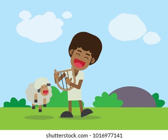 Kid playing music with sheep 
