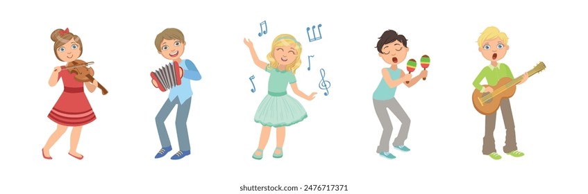 Kid Playing Musical Instrument Enjoy Melody Vector Set