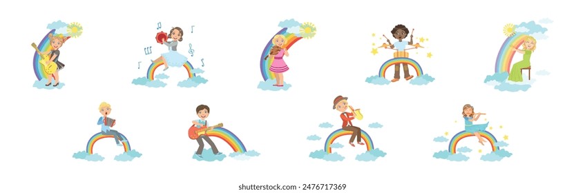 Kid Playing Musical Instrument on Rainbow Vector Set