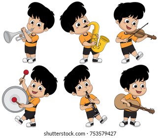 Kid playing musical instruments such as trumpet,saxophone,violin,drum,clarinet and guitar.Vector and illustration.