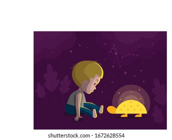 Kid playing with a night light shaped like a turtle.