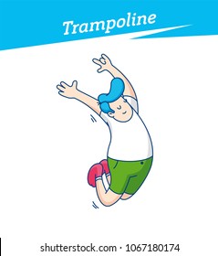 Kid playing on trampoline in a fun park
Happy young boy jumping, wearing socks. Vector illustration