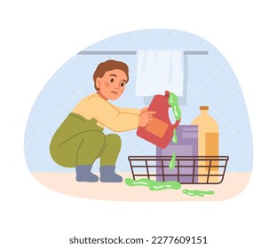 Kid playing and opening chemical detergents in bathroom, trying and tasting. Danger and risk for children at home, unwatched toddler. Flat cartoon, vector illustration