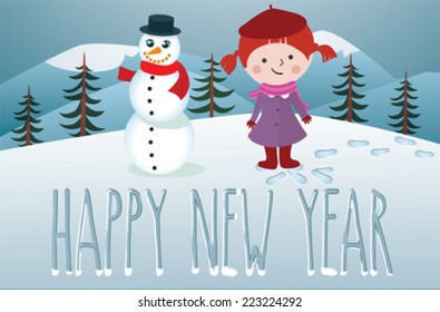 Kid playing outside in snow. Winter joy. Happy New Year.