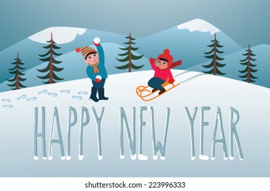 Kid playing outside in snow. Winter joy. Happy New Year.